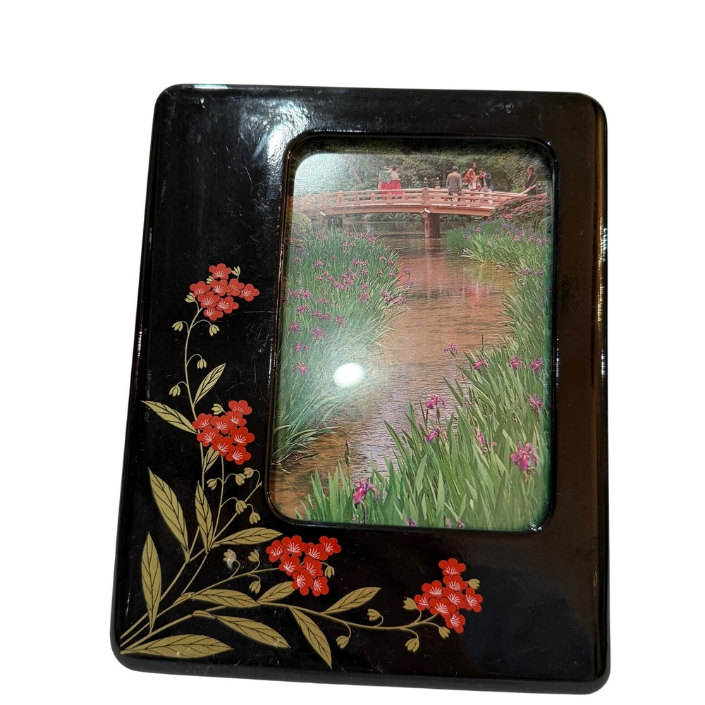 Vintage Made in Japan Black Lacquer Cherry Blossom Picture Frame Sakura Oriental